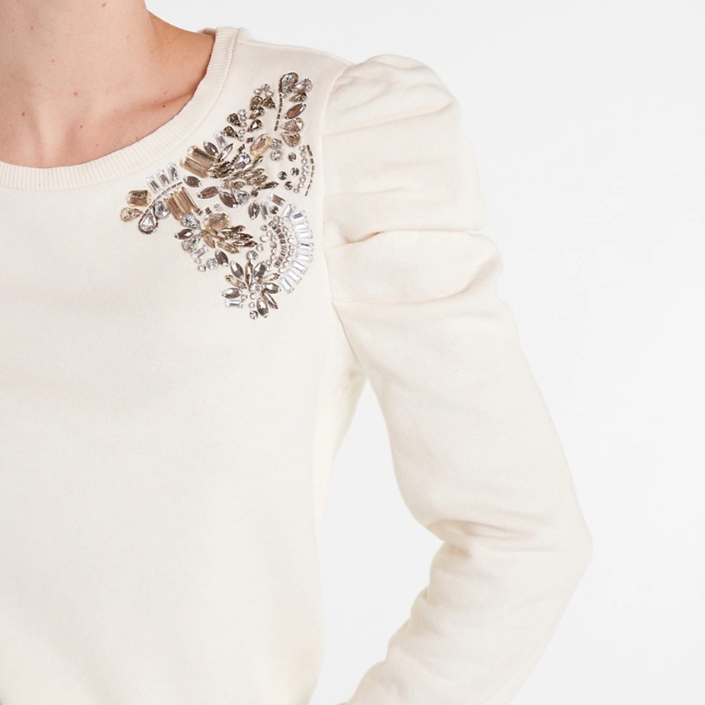 NWT! EXPRESS Jewel embellished cream puff sleeve sweatshirt XXS